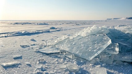 Shattered ice piece lying on the ground, cold surface, isolated piece, broken fragments