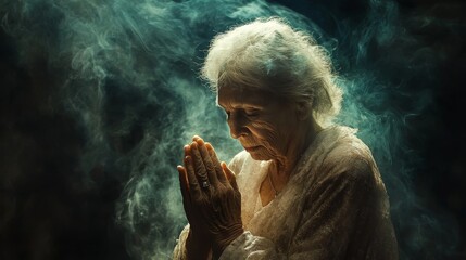 Fototapeta premium Woman pray to god on dark room. Religion belief faith worship. Generative AI technology. 