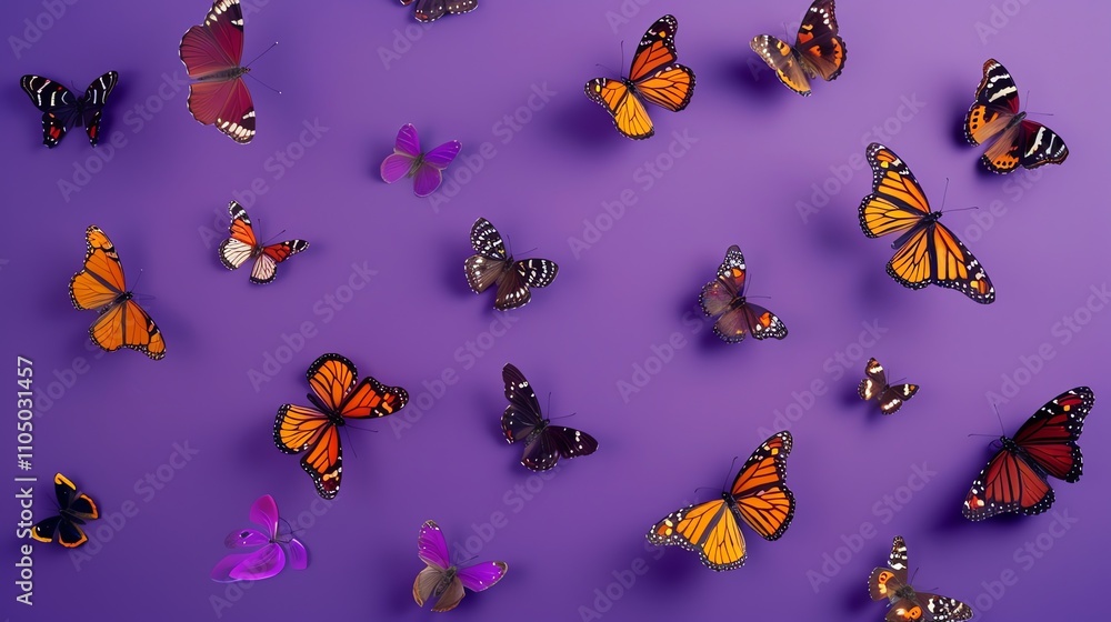 Poster a purple background with a collection of butterflies in different colors and patterns.