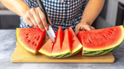 Person slicing juicy watermelon into wedges on a wooden board