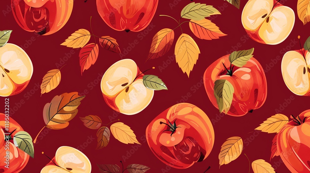 Poster a seamless pattern of red apples and leaves on a red background.