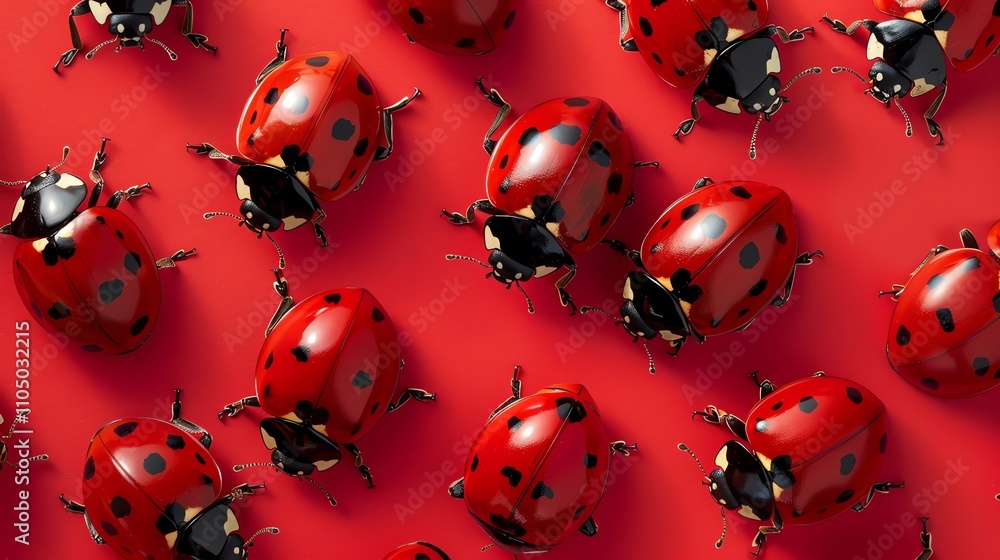 Poster a pattern of ladybugs on a red background.