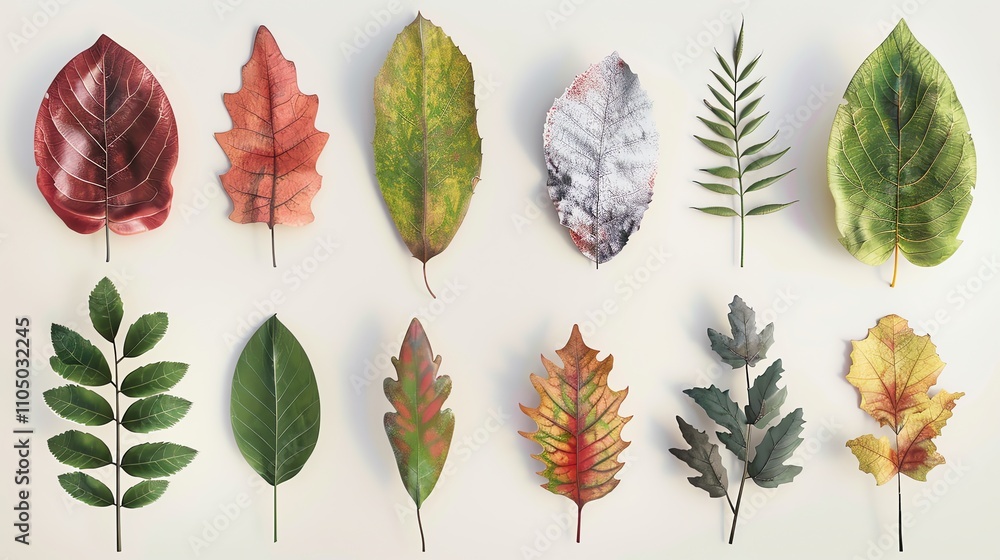 Poster a collection of leaves in different colors and shapes arranged in two rows on a white background.