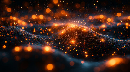 Fototapeta premium Abstract digital terrain with sparkling orange light particles in a futuristic atmosphere