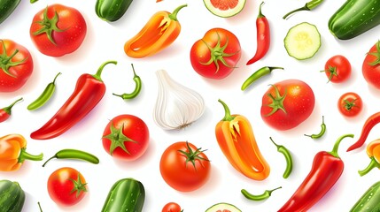 A seamless pattern of colorful vegetables, including tomatoes, peppers, garlic, and cucumbers.