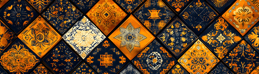 Ornate Tile Pattern, Abstract Background of Golden and Dark Blue Diamond-Shaped Tiles with Intricate Floral and Geometric Designs