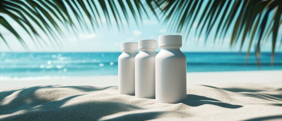 Fototapeta premium Premium vitamin bottles on tropical beach, white and clean bottles