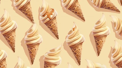 A seamless pattern of ice cream cones with soft serve and caramel topping.