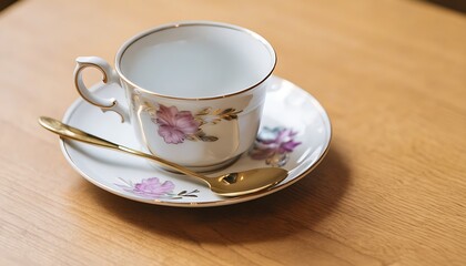 Fototapeta premium The combination of fine porcelain cup and elegant gold spoon, represents an elegant afternoon tea time.