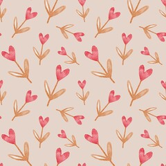 Watercolor pattern of hearts and flowers for romantic textile design