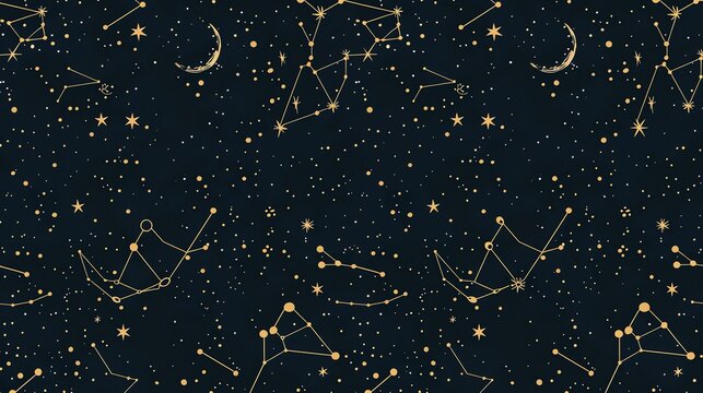 A seamless pattern of constellations and stars on a dark blue background.