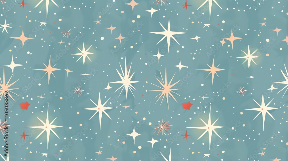Poster a repeating pattern of stars and dots on a blue background.