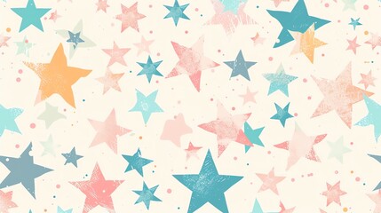 A seamless pattern of colorful stars in shades of blue, orange, pink and black on a cream background.