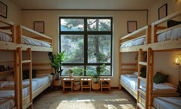 Cozy dormitory with wooden bunk beds and natural light.