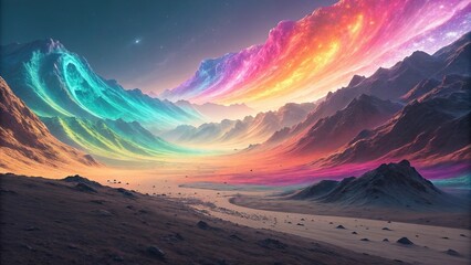 Swirling waveforms with bright colors that echo across the digital landscape, neon, abstract,