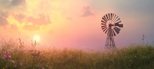 Serene Sunset over a Windmill in a Field of Wildflowers