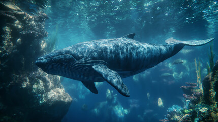 Fototapeta premium A hyper-realistic, detailed underwater scene featuring a majestic blue whale swimming gracefully through deep ocean waters. The whale should be depicted in its full length, with its massive body