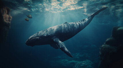 A hyper-realistic, detailed underwater scene featuring a majestic blue whale swimming gracefully through deep ocean waters. The whale should be depicted in its full length, with its massive body