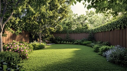 82.A detailed landscape of a backyard featuring a wooden fence bordered by thick, leafy trees and shrubs, with the well-maintained grass lawn leading to a cozy patio area ideal for outdoor gatherings