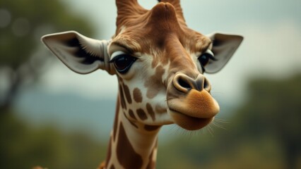 Obraz premium Capture a close-up of a giraffe’s face, emphasizing its expressive eyes, long neck, and unique spots. Natural light highlights its graceful, majestic presence against a soft, blurred background.