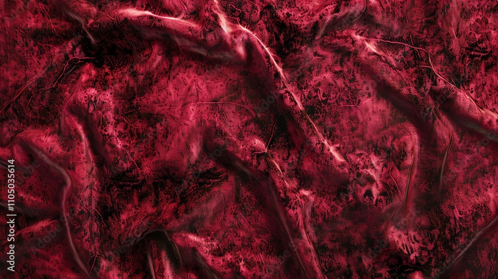 Poster a close up of a textured, red fabric with a darker, textured pattern.