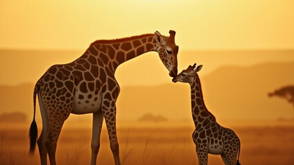 Fototapeta premium Capture a heartwarming moment of a giraffe mother gently nuzzling her playful calf in the wild. Their bond is showcased against a golden savannah, evoking tenderness and care.