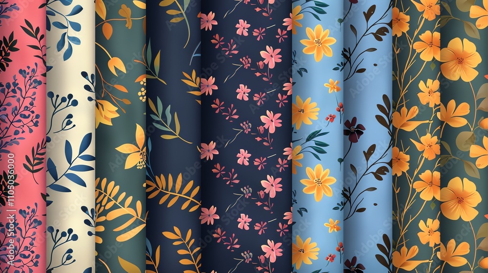 Poster a collection of floral patterns in various colors.