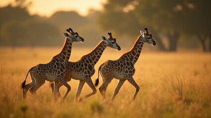 Obraz premium Capture playful giraffe calves frolicking in the African savannah. Their energetic movements and innocent joy shine through as they run and play in the tall grass.