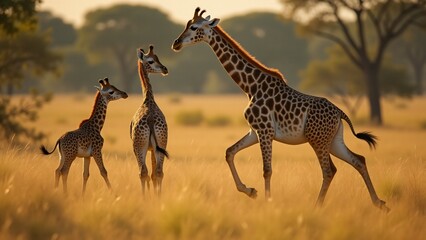 Obraz premium Capture playful giraffe calves frolicking in the African savannah. Their energetic movements and innocent joy shine through as they run and play in the tall grass.