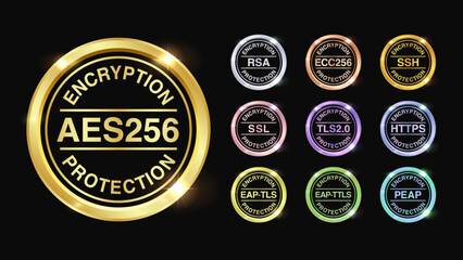Comprehensive Encryption Icons and Symbols: AES-256, SSL, TLS, RSA, EAP, PEAP, TTLS, ECC-256, SSH, HTTPS for Secure Data Protection. Vector.