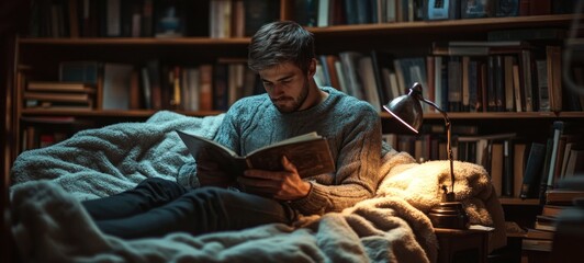 Cozy Night Reading: Man Immersed in Book Surrounded by Bookshelves