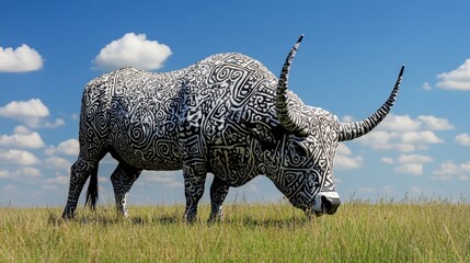 Fototapeta premium Grazing Black and White Cow in Sunny Pasture Nature Rural Landscape Bright Sky Tranquility Concept