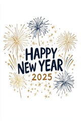 Minimalistic HAPPY NEW YEAR 2025 logo with gold and navy fireworks