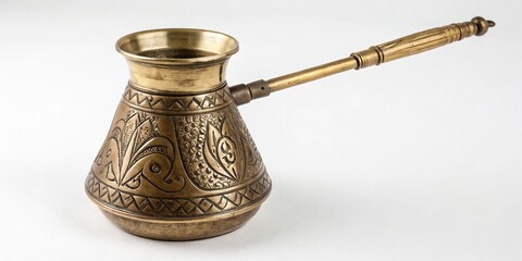 Vintage brass cezve with intricate design on a minimalist white background, brass, brassy cezve, white background, decorative