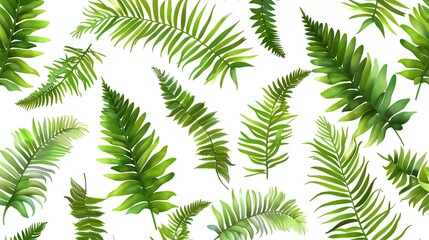 A seamless pattern of lush green fern fronds on a white background.