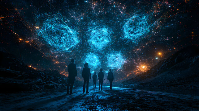 Abstract Cosmic Network, Silhouettes Observe Celestial Polyhedra, Illuminated by Vivid Nebulae