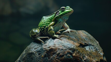 Obraz premium Green frog perched on a rustic rock on a dark background, AI generated image