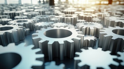 Large interconnected network of gears symbolizing corporate competition, with one oversized gear dominating the scene, representing antitrust concerns. Central gear with copy space for text.