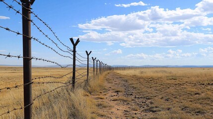 Fototapeta premium 59.A long stretch of barbed wire fencing against a wide expanse of bright blue sky, the clouds creating a peaceful contrast to the sharp, rugged appearance of the twisted metal wire and pointed barbs.