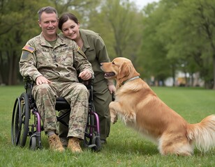 A smiling elderly male veteran in camouflage uniform sits on a wheelchair with his military daughter and a golden retriever dog jumping at the green park