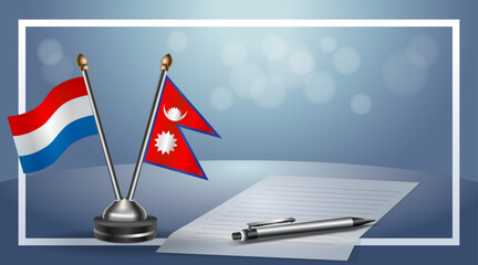 Netherlands and Nepal Small national flag on bokeh background, cooperative relationship