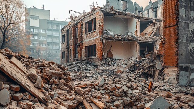 12.A partially demolished brick building in a city, with piles of rubble and debris scattered on the ground, while broken windows and exposed rebar hint at the structure's former state before the