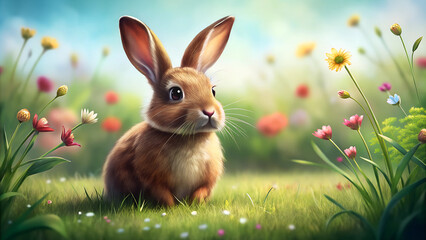 Fototapeta premium Adorable Brown Bunny on Fresh Green Grass with Colorful Wildflowers and Warm Sunlight in a Soft-Focus Springtime Setting