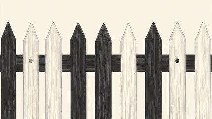 Fototapeta premium 87.A seamless design featuring a traditional picket fence with uniform spacing between each vertical plank, drawn in a clean and simple vector style. The fence pattern continues endlessly, making it
