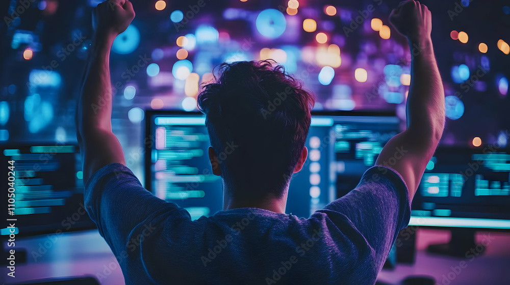 Poster A person celebrating in front of multiple computer screens displaying code and data.