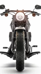 Fototapeten A sleek motorcycle with a prominent front view, showcasing its headlight and tire against a minimalist background. © MINMIN