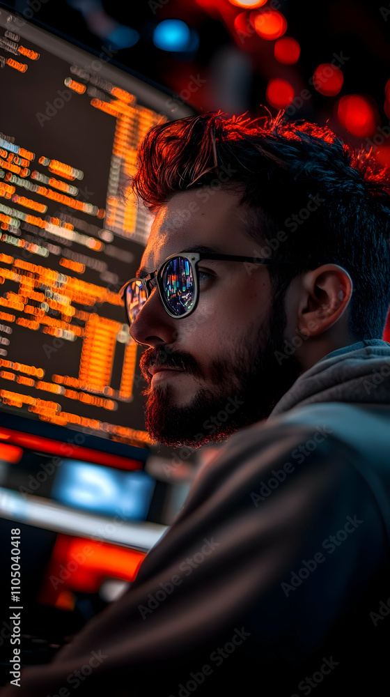 Poster a focused individual wearing glasses works on a computer with vibrant code on the screen.