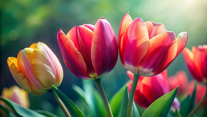 Close-Up of Vibrant Tulips in Red, Pink, and Yellow Blooming in a Green Garden with Soft-Focus Background and Natural Sunlight Highlighting Delicate Textures