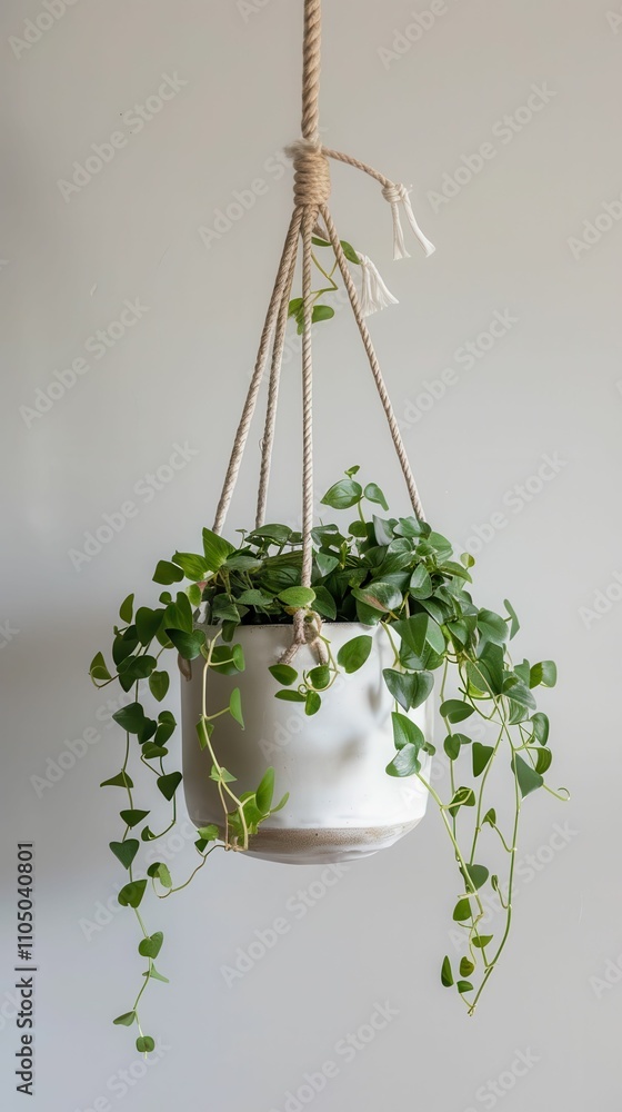 Poster a hanging plant in a white pot with trailing greenery, adding a touch of nature to a minimalist inte