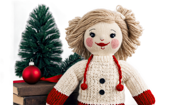 Smiling Knit Doll with Christmas Tree and Ornament
